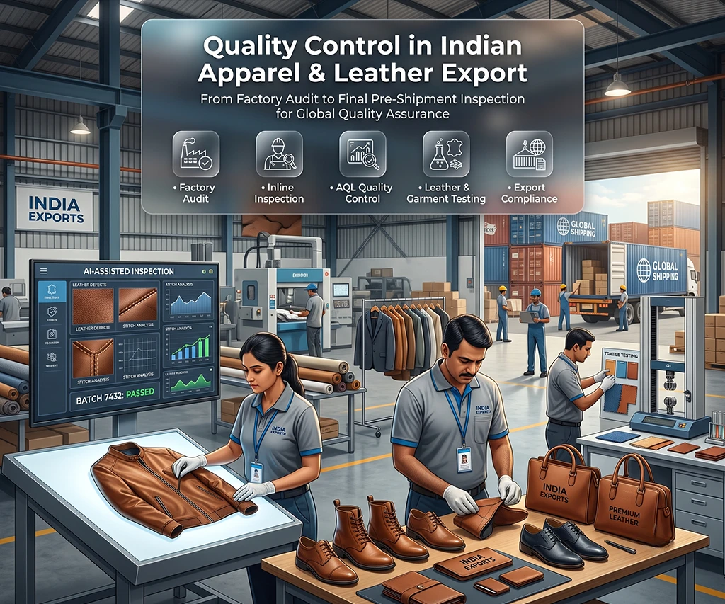 Quality control inspector checking leather goods and apparel at Indian export factory