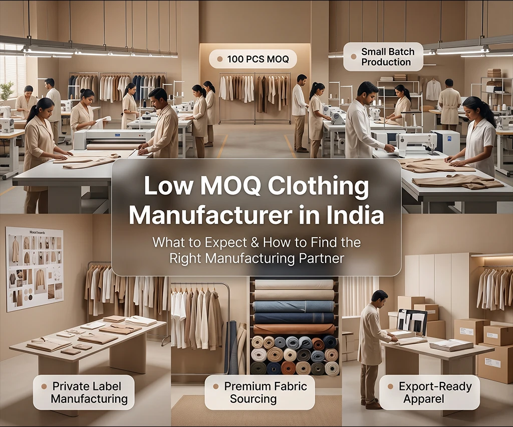 Quality control inspector checking leather goods and apparel at Indian export factory