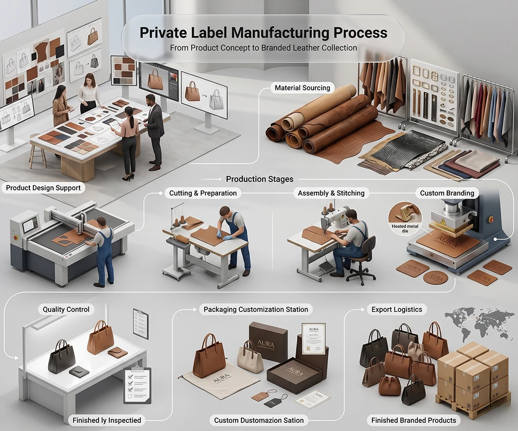 Leather bag production line at an Indian factory showing stitching and quality checks